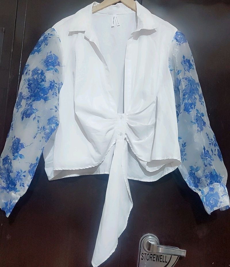 White Top Blue Floral Print Sleeves For 42 Bust