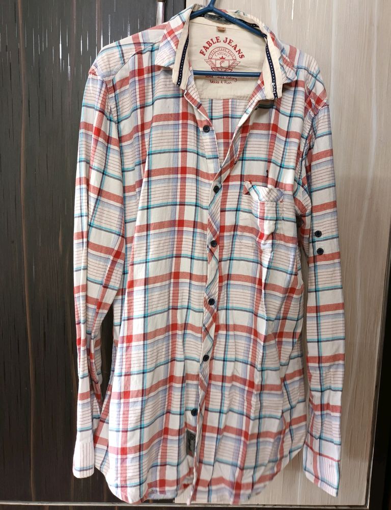 White Full Shirt With Red And Blue Checks Size