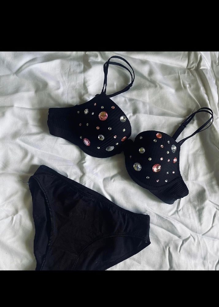 Black Embellished Padded Bra