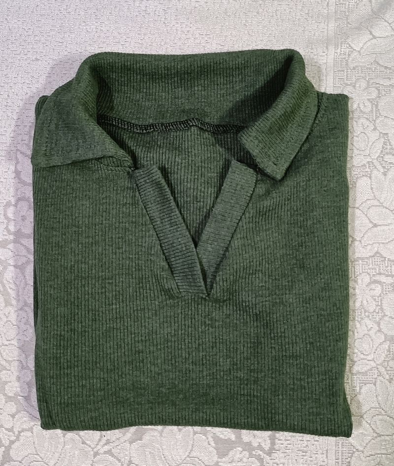 Olive Green Colour Slim Fit Top With Collar