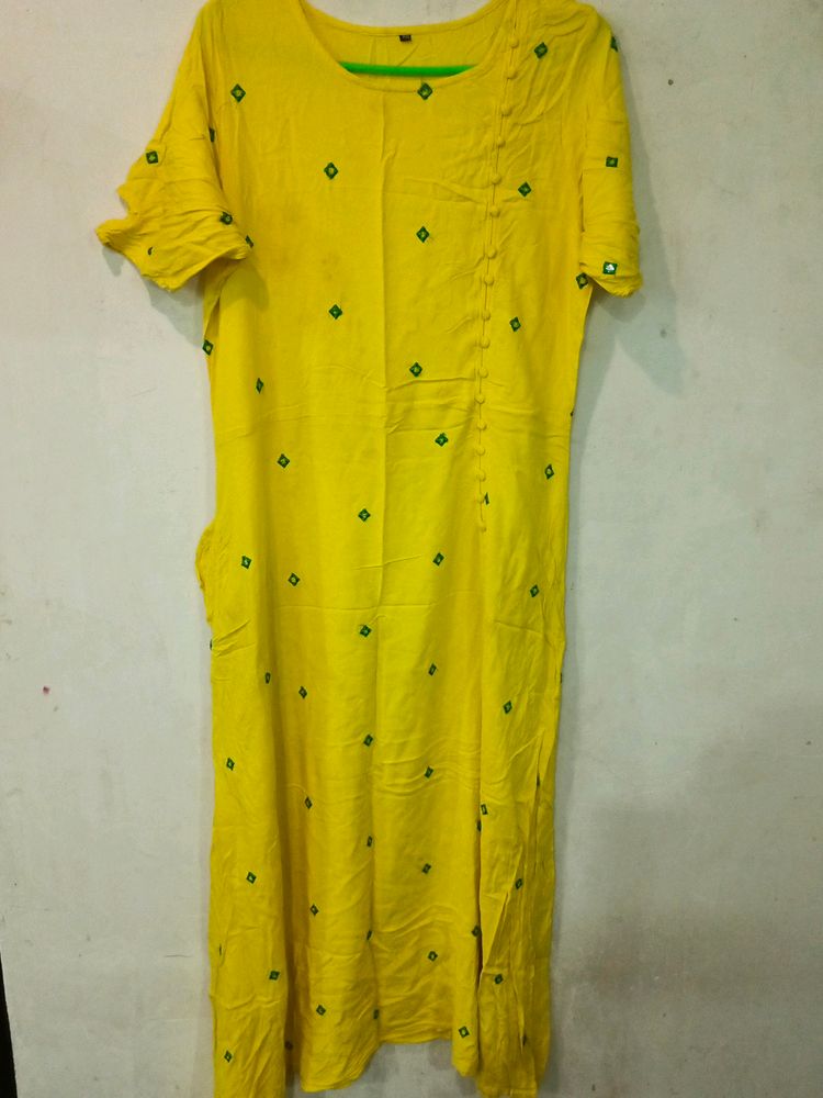 Yellow Green Thread Work Gown