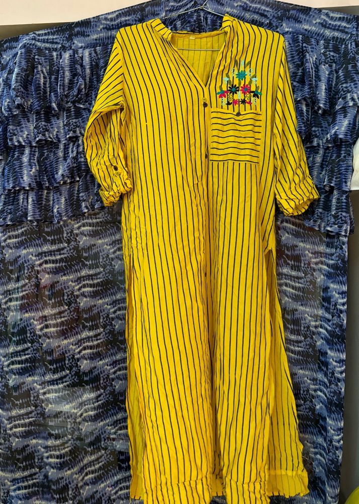 Yellow Straight Striped Kurti