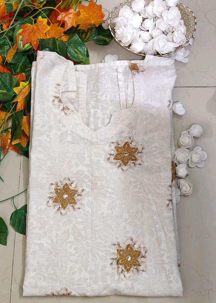 Straight White Kurti with Golden thread Motif Work