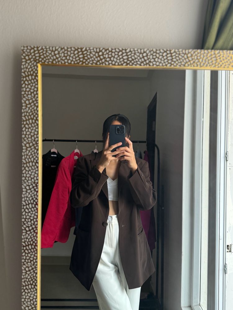 Brown Single Breasted Oversized Fit Blazer