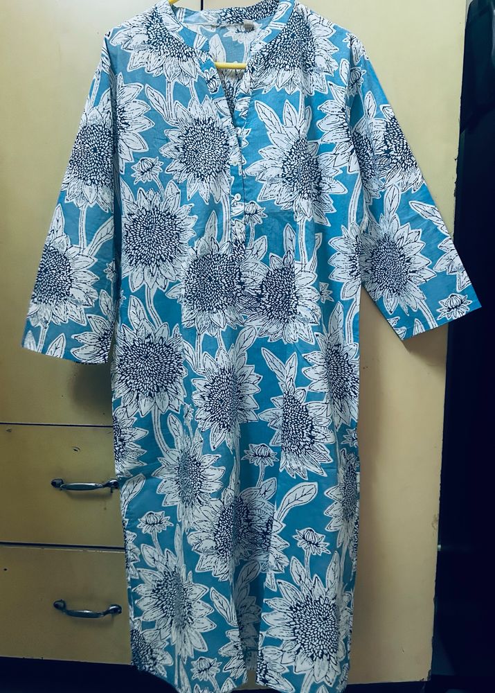 Light Blue Pure Cotton Kurti With Flower Print