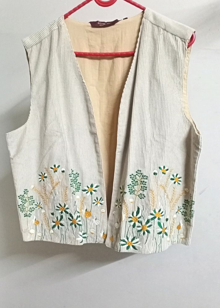 Sangria Floral Embroidery Open Front Corduroy Vest