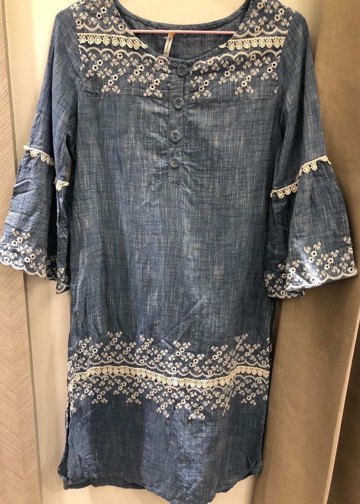 Embroidered Denim Kurta