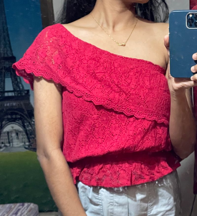 Ginger Brand One Shoulder Cherry Red Frill Top