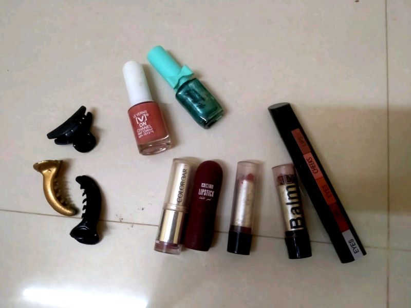 Combo Of Lipstics Nailpolish And Hair Acesorries