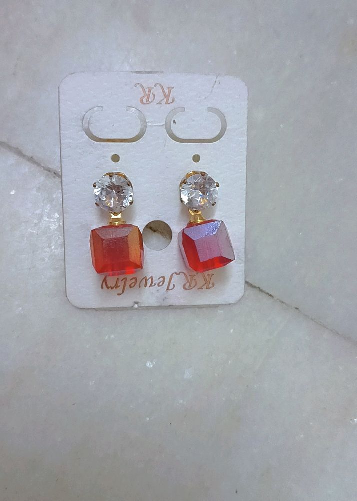 Korean Cube Red Pearl Earing