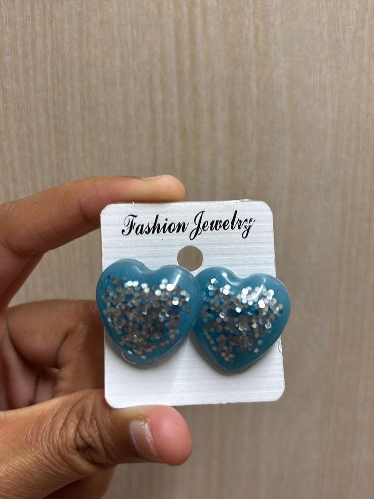 Heart Shape Glittered Earings In Blue Colour