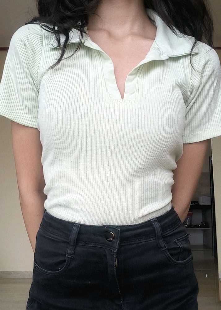 Mint Green Collared Crop Top