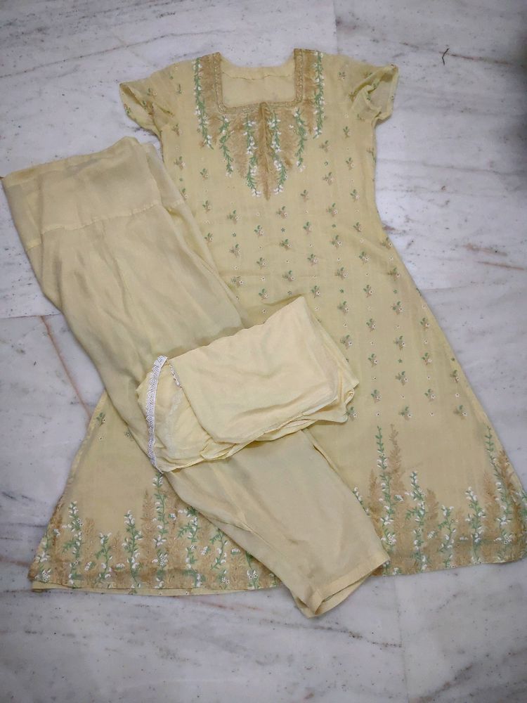 Light Yellow Embroidery Square Neck Kurta Set