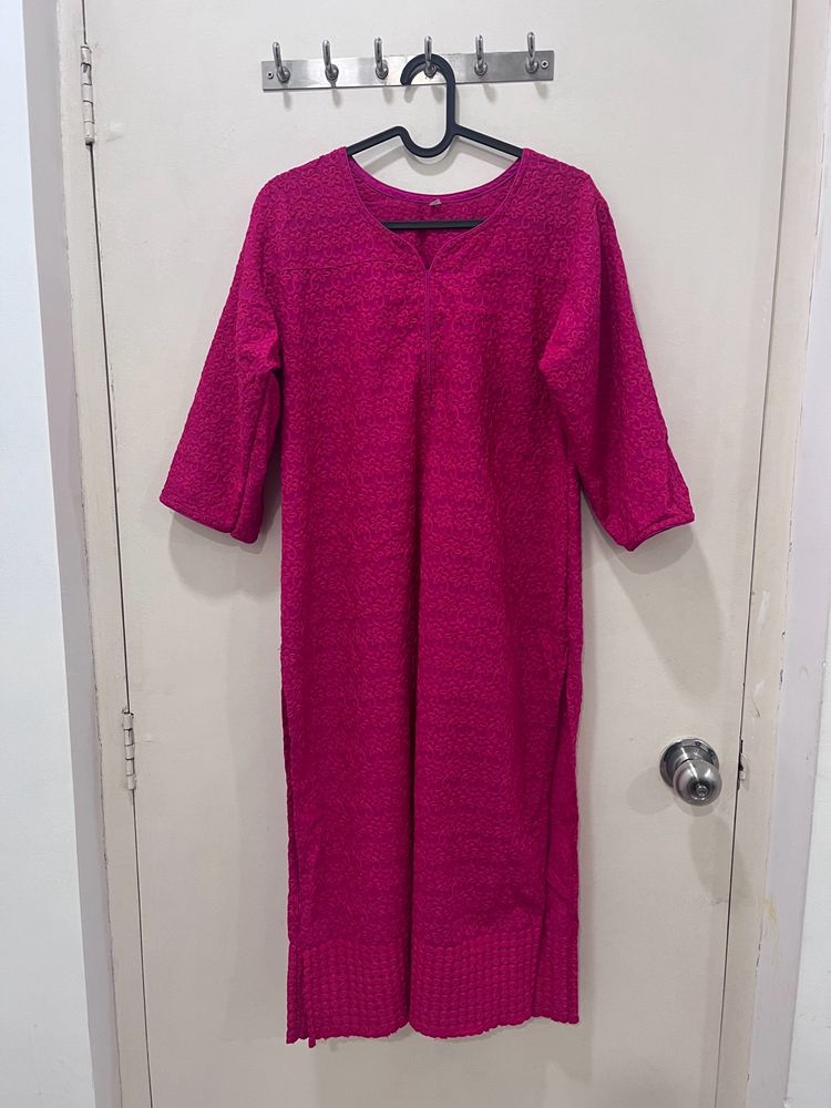 Bright Pink Self Embroidery kurti