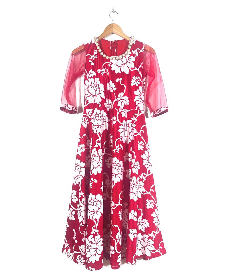 Red Velvet Floral Printed Dress