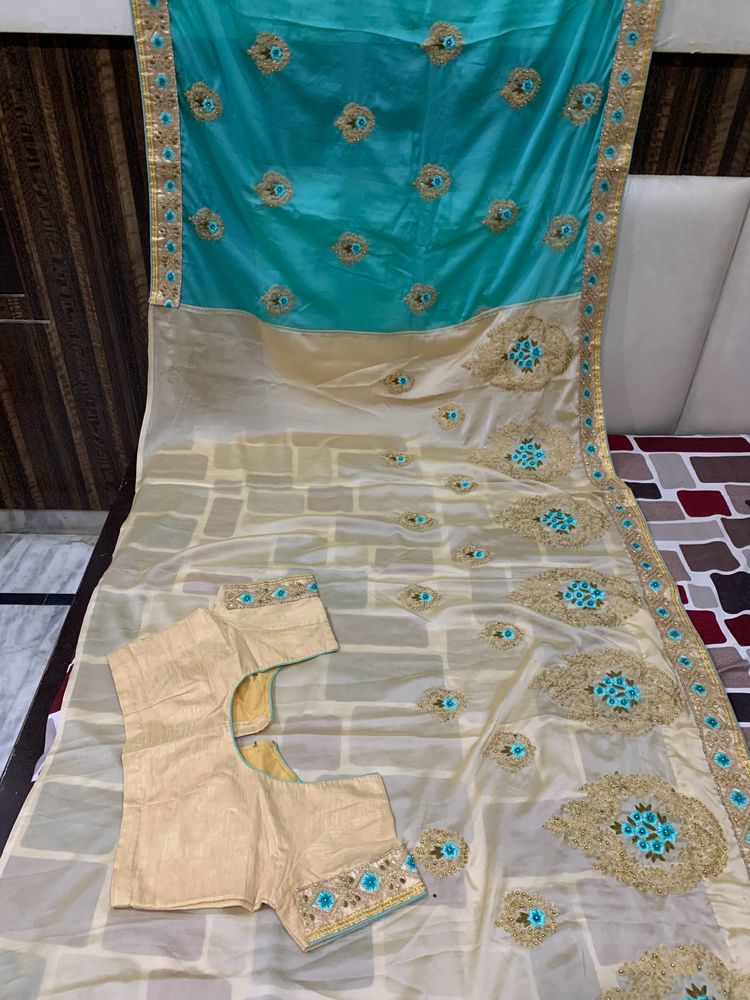 Peacock Green Cream Exclusive Wedding Saree