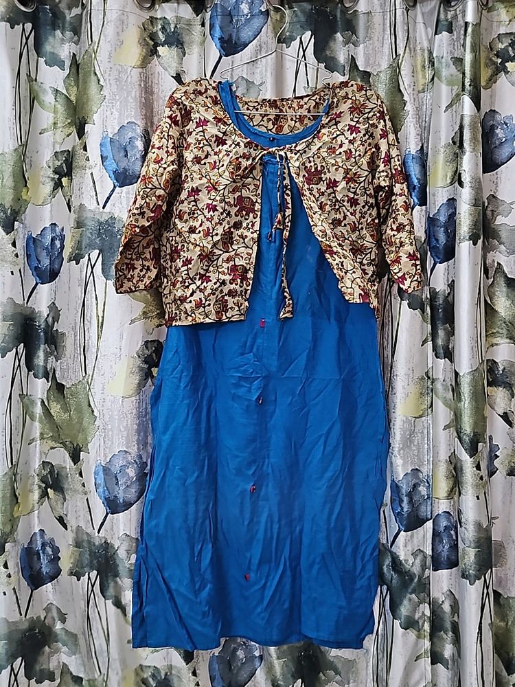 Blue Silk Sleeveless Kurta With Jacket