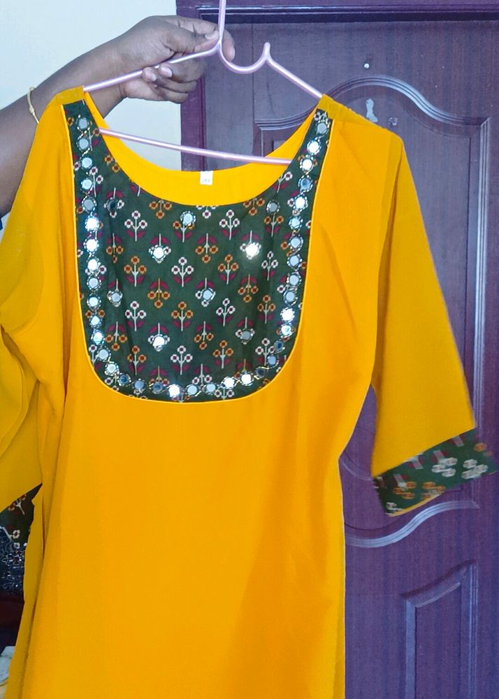 #mango #yellow #georgette #kurti #aline #lining #a