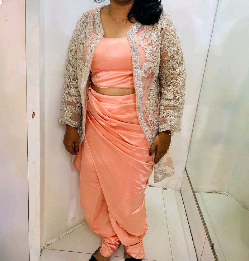 Beautiful Peach Color Dhoti Pattern With Jacket