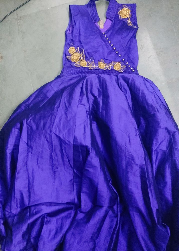 Violet Full Length Ball Gown With Gold Embroidery