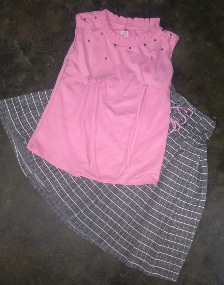 Pink Top With Gray Skirt