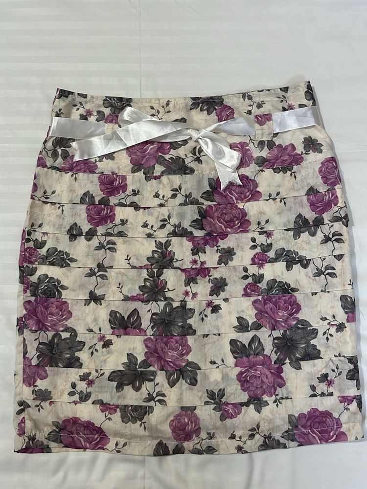 Skirt - Floral Print With Ribbon Belt