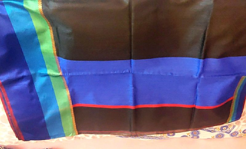 Black Saree - Seal Blue Border & Embry Blouse