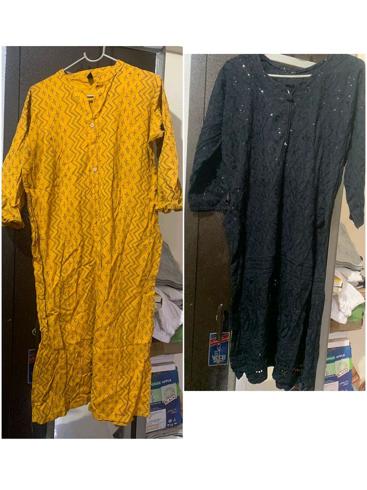 Black And Mustard Yellow Kurti (Pack Of 2)