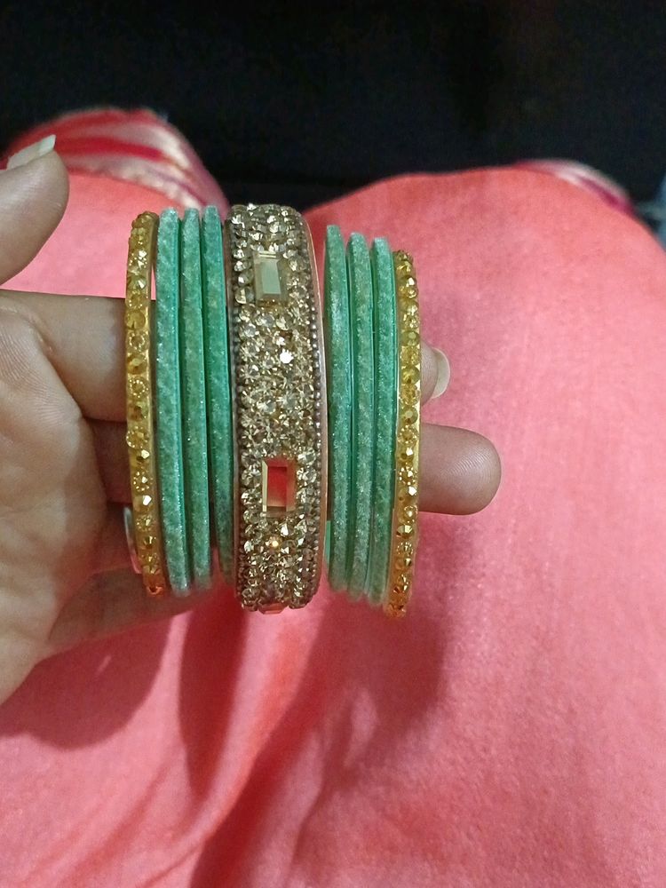 New Light Green Bangles Set With Golden Kadas