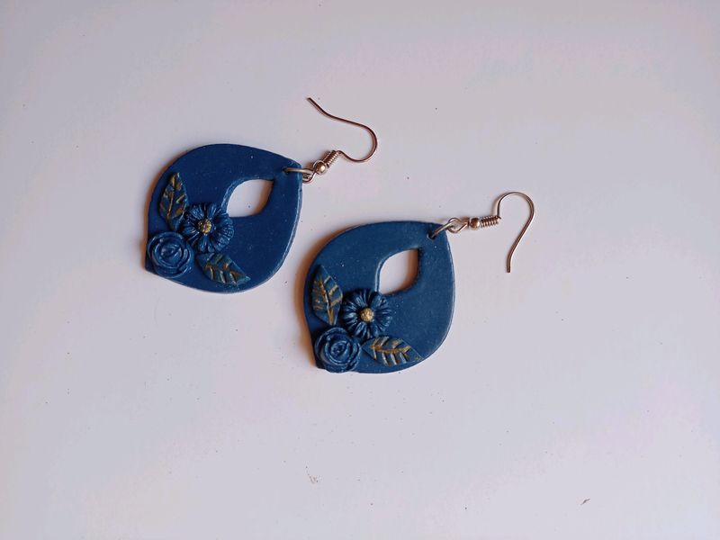 Blue And Golden Porcelain Clay Floral Earrings