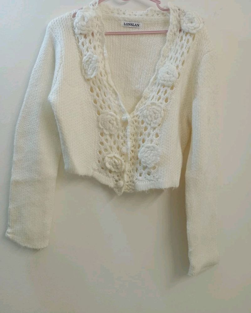 V Neck Crochet Knit Cardigan