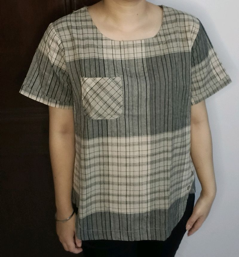 Women Beige Grey Checks Regular Fit Top