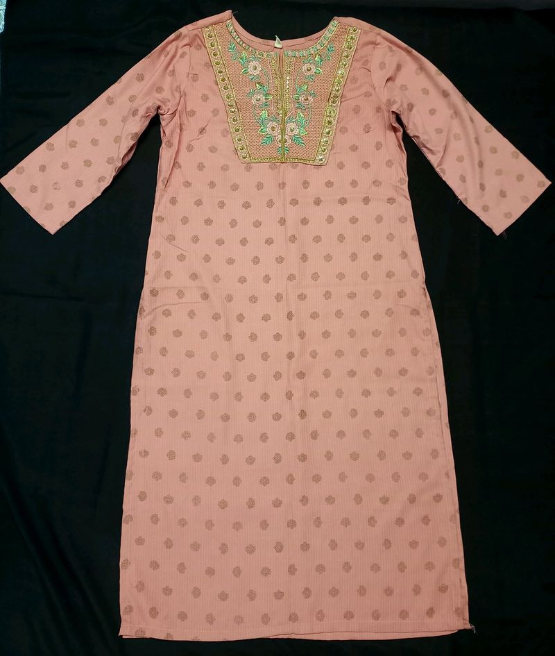 "Elegant Pink Embroidered Kurta with Golden Polka