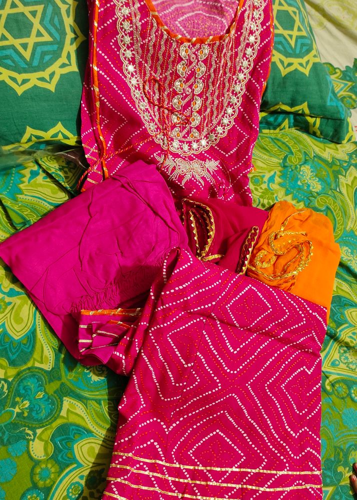 Beautiful Rani Pink Suit Set With Pant And Dupatta