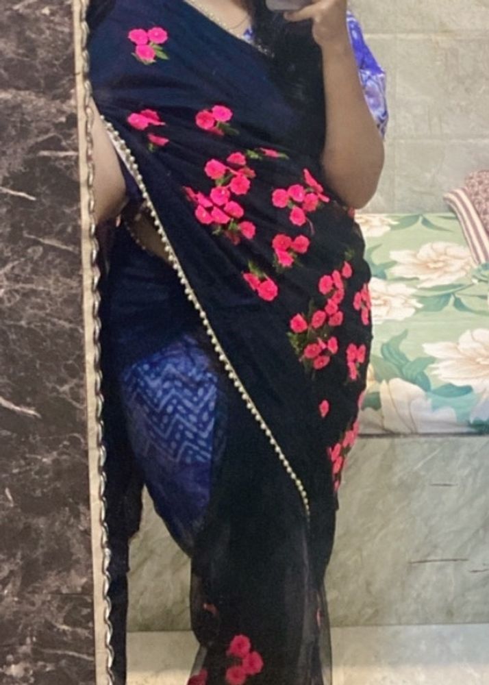 Black Floral Net Saree