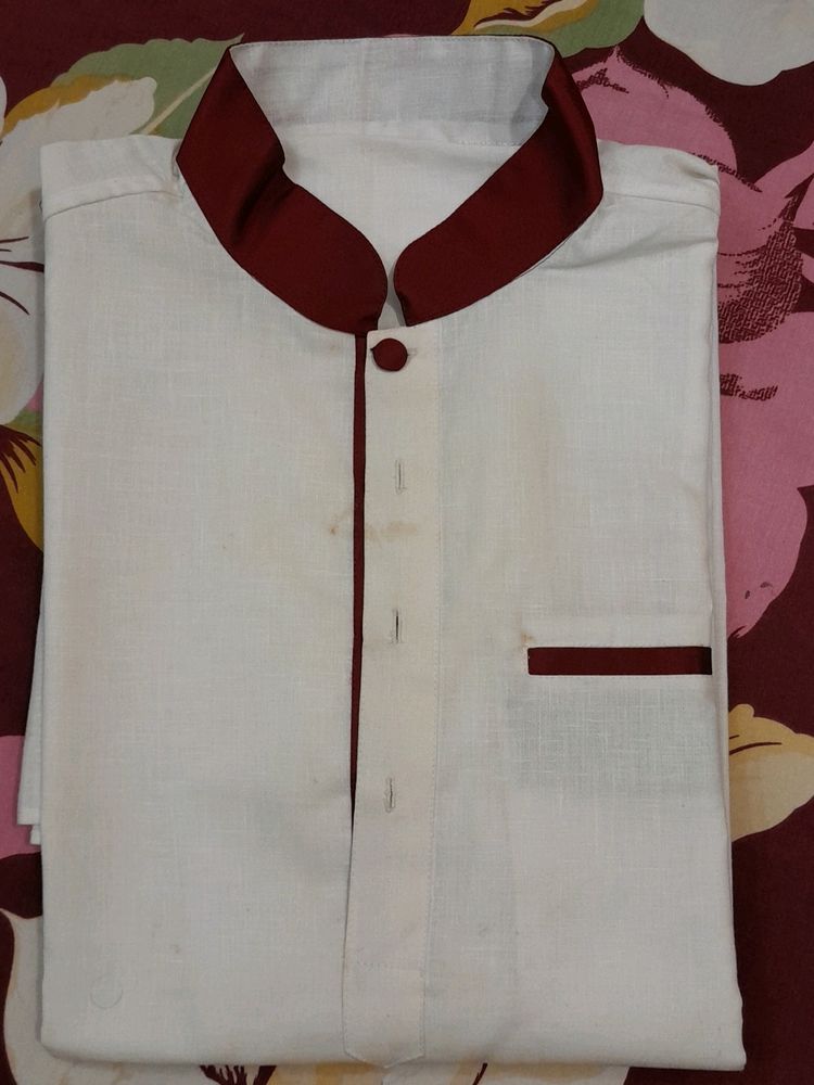 White And Maroon Mens Kurta