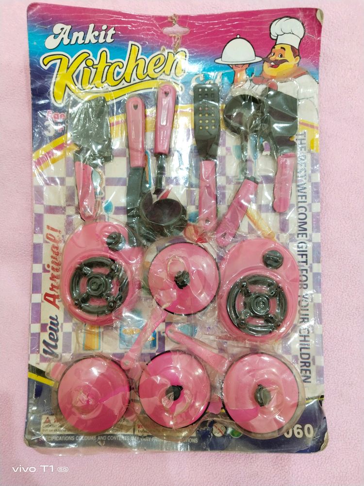 Kitchen Set Pink Black For Kids Pretend Play Toy