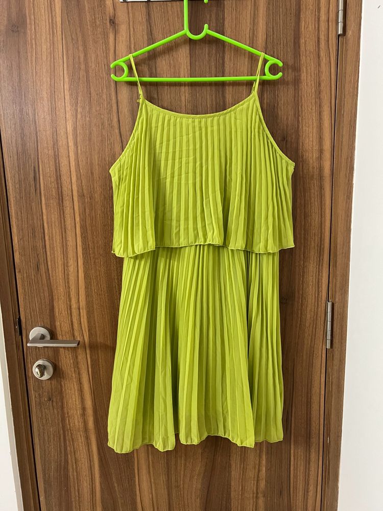 Lime Green Accordion Pleated A-Line Dress