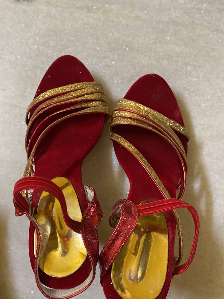 Red N Golden Ethnic Heels