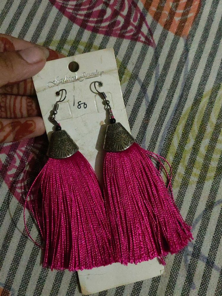 Pink Thread Earrings For Girls