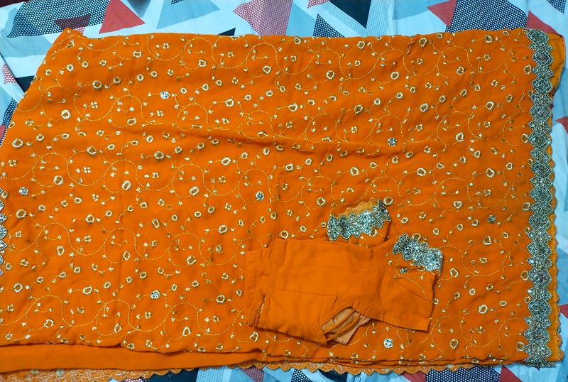 Embroid Party Wear Orange Saree