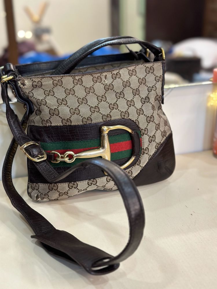 Auth Gucci Horsebit Canvas One Shoulder Bag