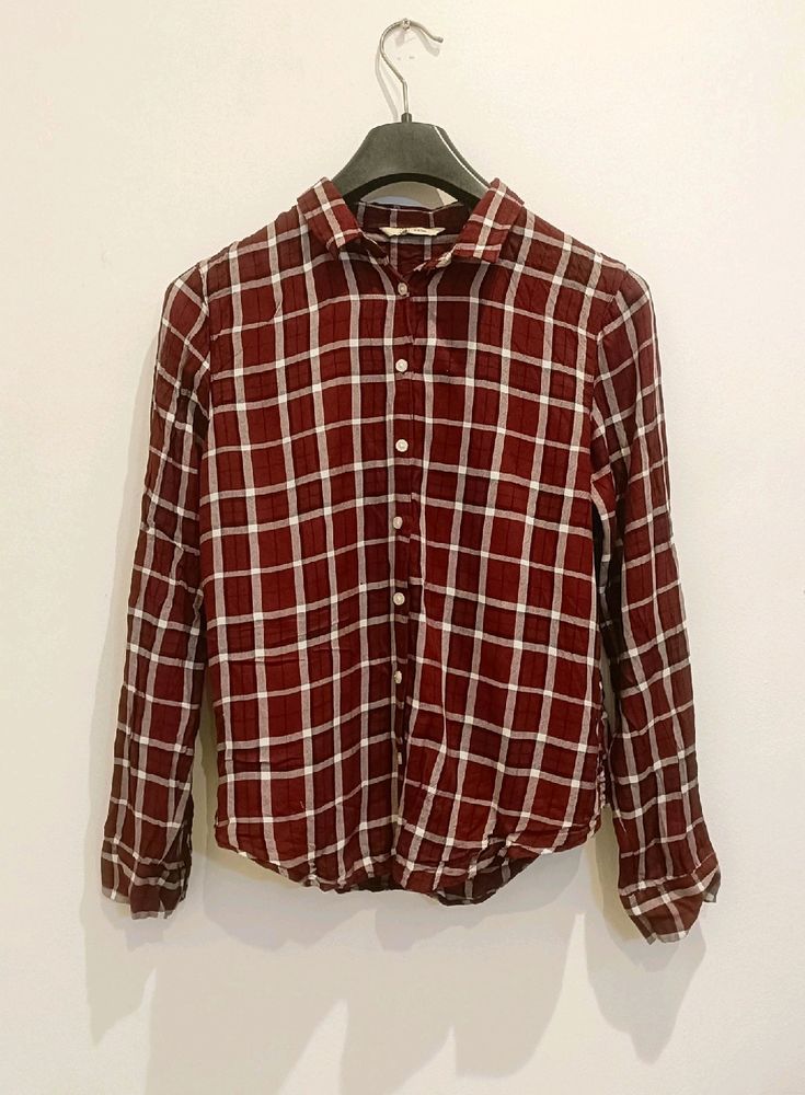 DNMX| Wine Red Checked Shirt With Spread Collar