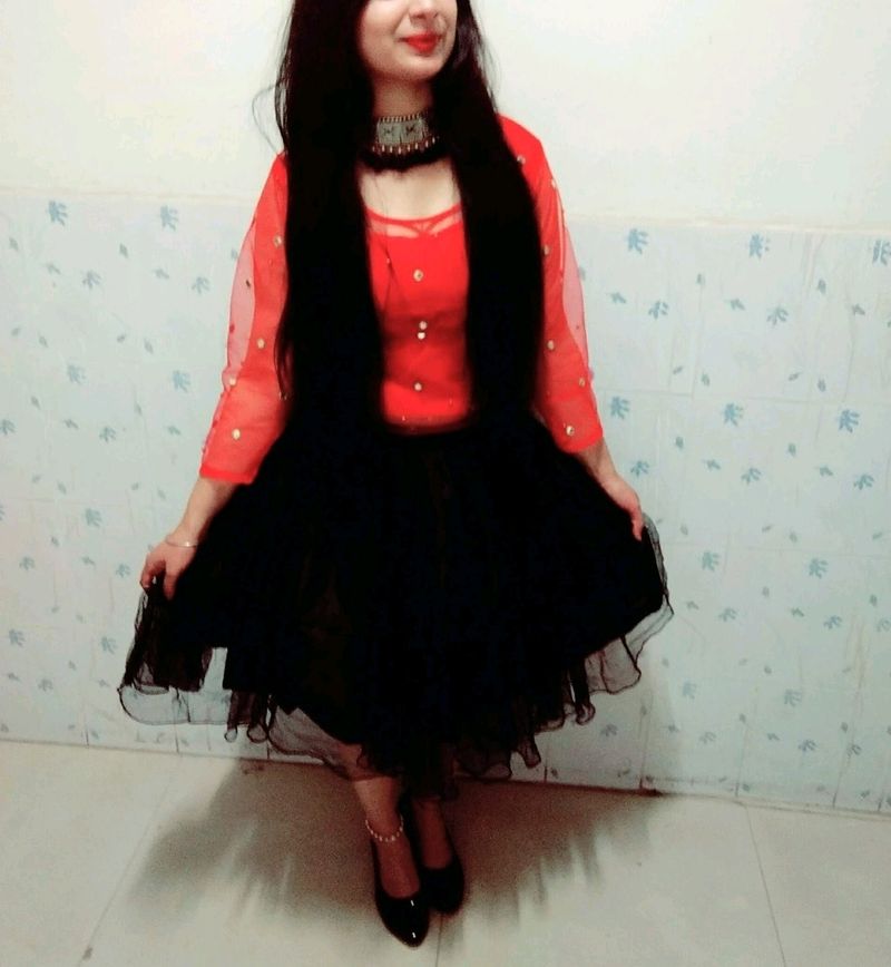 Red And Black Net Top Skirt For All Purpose