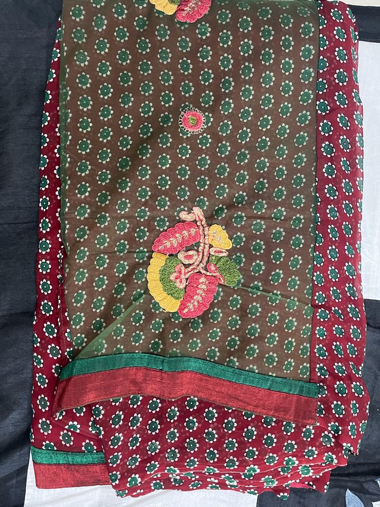 Green Net Cotton Embroidered Sari