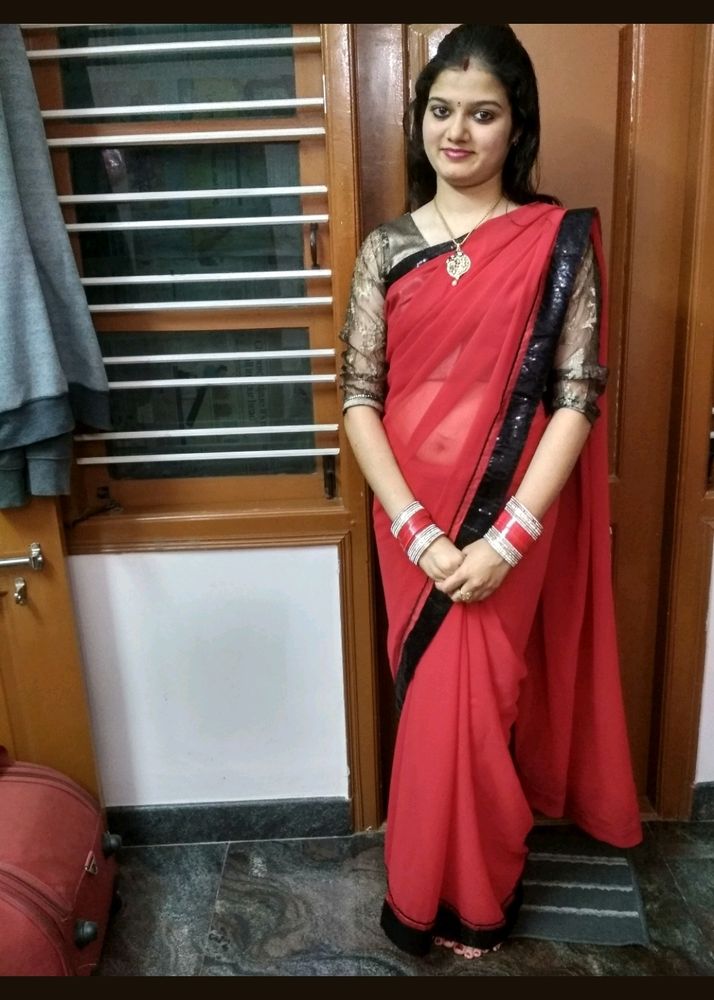 Elegant Red Saree With Sequin Border