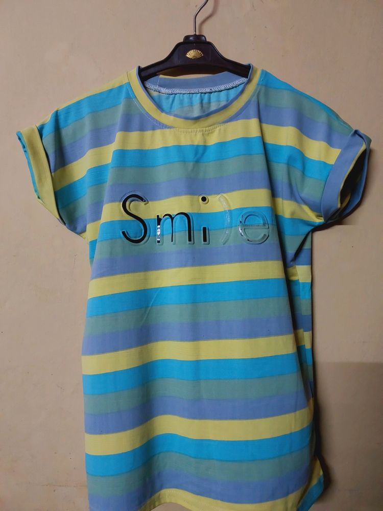 Striped "Smile" Printed Casual T-Shirt