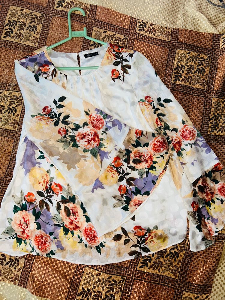 White Bell Sleeved Top With Flowers