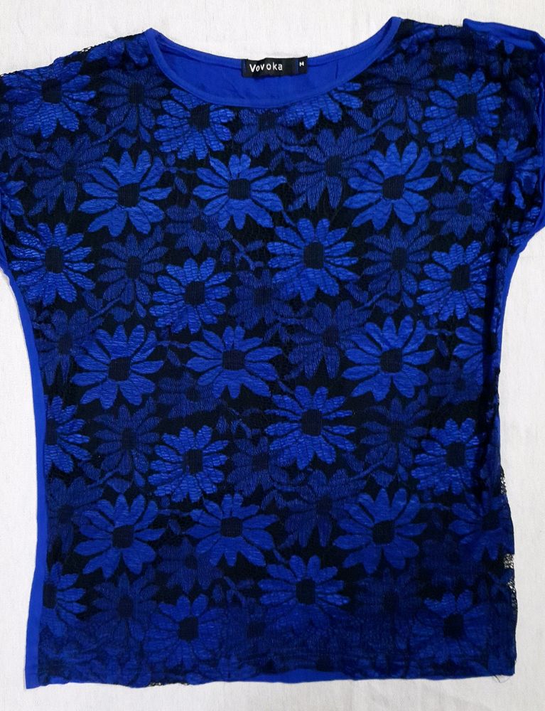 Net Embroidered Blue Top