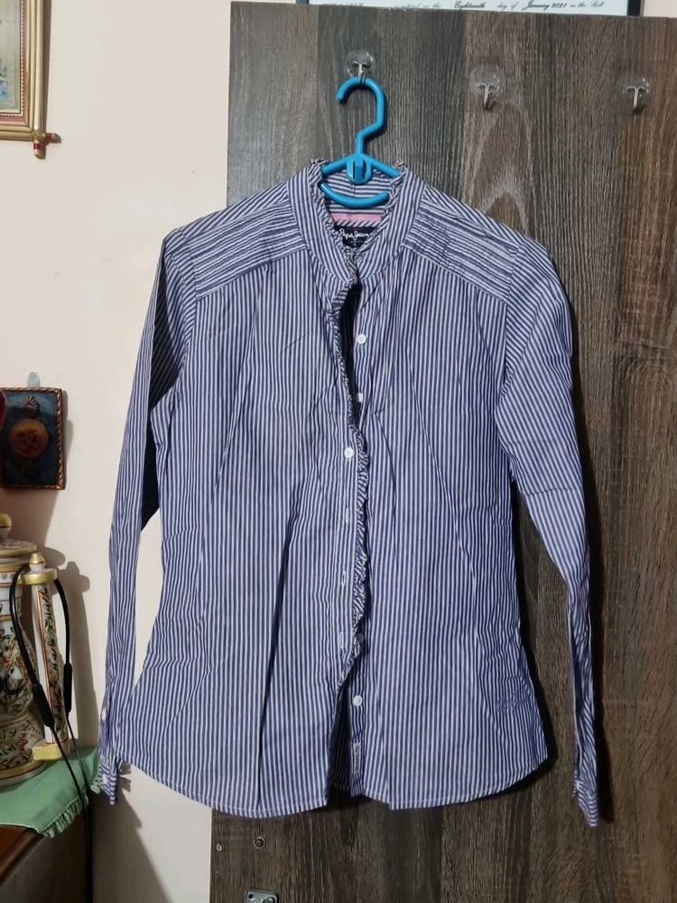 Blue Striped Chinese Collared Shirt For Women